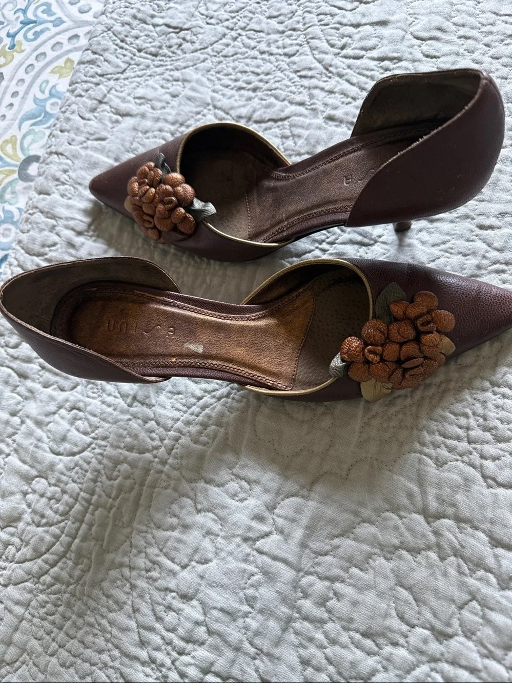 Unisa brown heels with 3D floral embellishments